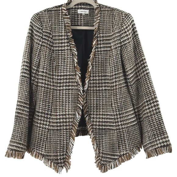 Calvin‎ Klein Blazer Tweed Plaid Fringe Trim Open Front Jacket Black Brown White - Picture 1 of 6